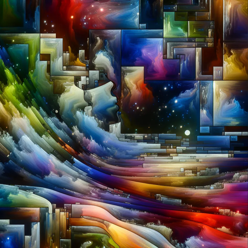 A surreal abstract artwork depicting a colorful and fragmented dreamscape, evoking a sense of mystery and curiosity.