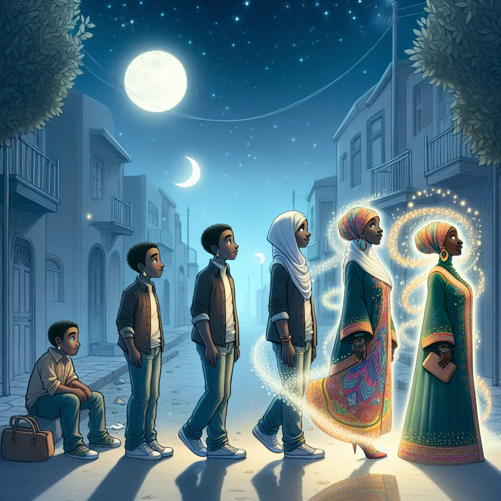 This image portrays the transformation of a young boy named Henry into an older African Muslim woman named Aissatou Doumbia in a mystical encounter on a quiet, moonlit street. The illustration captures the gradual changes in Henry's features and clothing as he is enveloped in traditional African garments, providing a visual narrative of his evolution into Aissatou, complete with her final appearance and demeanor. The scene depicts a moment of confusion, realization, and acceptance as Aissatou em