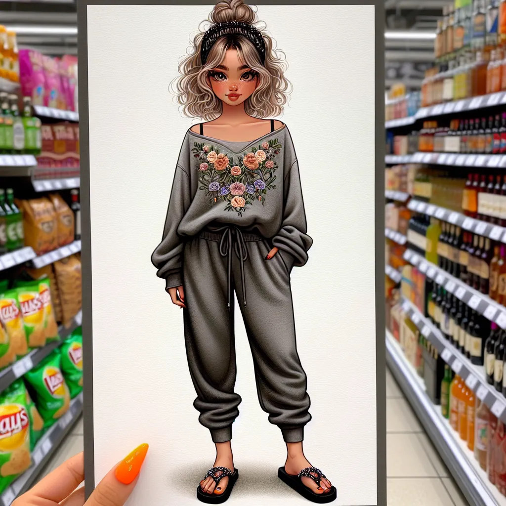 An image to accompany this story could be a digital artwork of a girl with light brown, slightly curly hair, wearing a grey sweatshirt with intricate floral embroidery and matching dark grey sweatpants. She is standing confidently, wearing black flip flops with orange nail polish, and has a headwrap adorned with tiny silver beads. The background could depict a store aisle with snacks and drinks, as well as a liquor section.