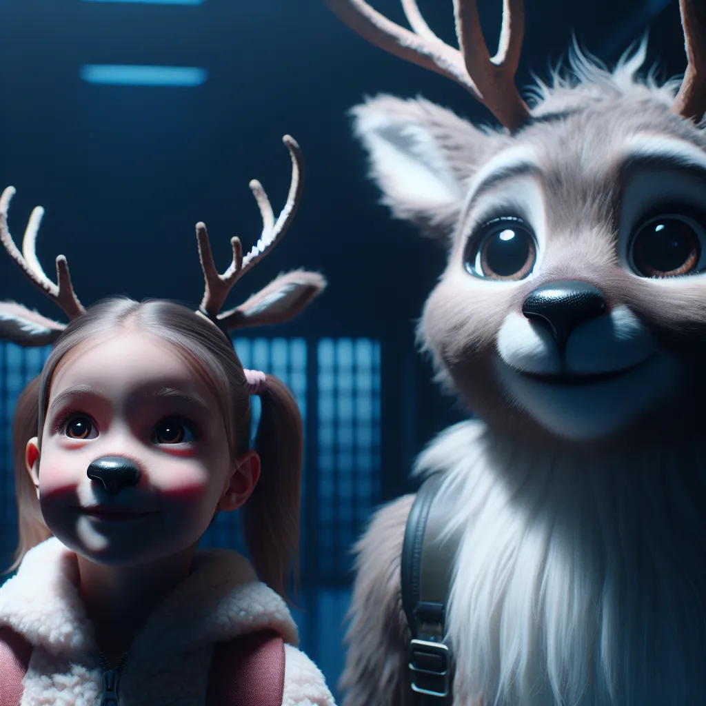 Description: A young girl and her aunt, both transformed into anthro reindeer, stand side by side in a dimly lit laboratory. Their eyes sparkle with wonder and excitement as they embrace their new forms, ready to embark on a journey filled with adventure and discovery.