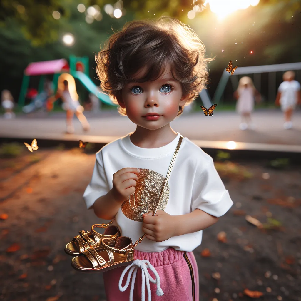 An image of a young boy, Ethan, standing in a park with a sense of wonder and discovery. He has short, curly brown hair and bright blue eyes. He is wearing a white t-shirt with a shiny gold "Playboy" logo on the front, bright neon pink leggings that hug his legs tightly, and golden flat sandals with thin straps laced up his small feet. He is also wearing a pink playboy bunny hat with sequined bunny ears that sparkle in the sunlight. He holds a small, leather cross-body purse tightly in his hands