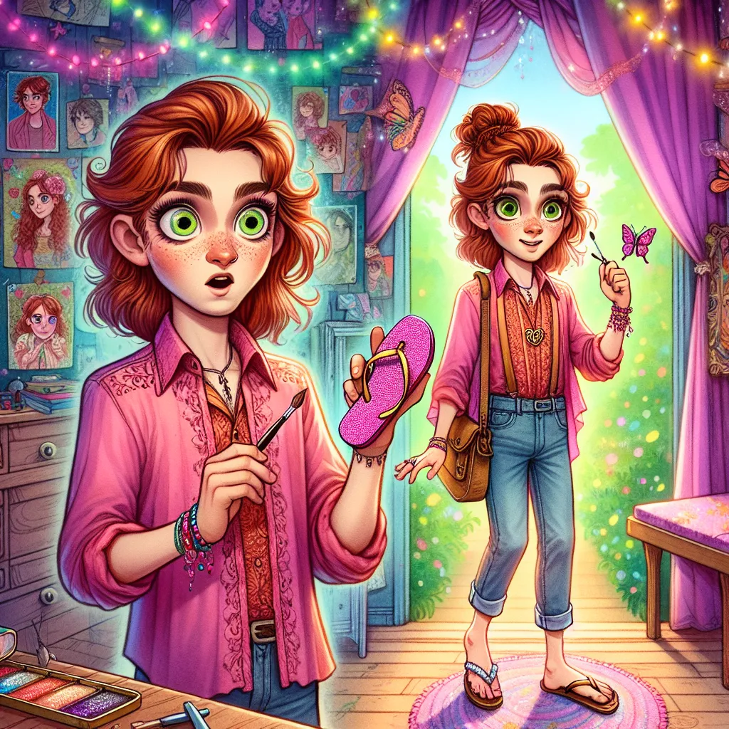 An illustration depicting a young boy named Liam Foster transforming into his friend's older sister, Madison Reed, in her bedroom. Liam, portrayed with chestnut brown hair and a shocked expression, is shown wearing Madison's pink tank top, denim shorts, and neon pink bracelet, with glittery flip flops stuck to his changing feet. This moment captures the magical transformation as Liam becomes Madison, complete with her messy bun, hazel eyes, and butterfly pendant necklace. The room is colorful, f