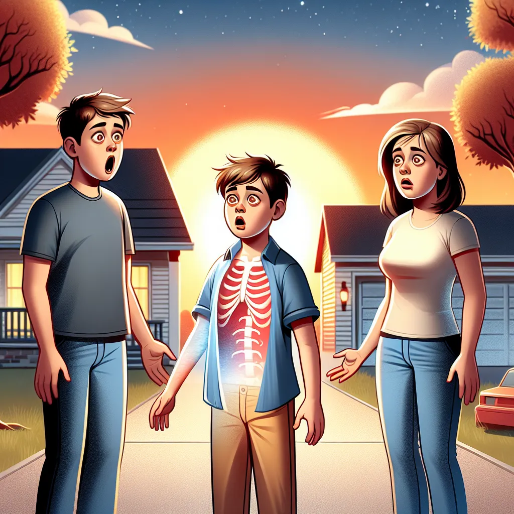 A family gathers at home as the sun sets, but something strange has happened - the son, Marvin, has magically swapped bodies with his mother. The image shows the bewildered older brother and Marvin, now in his mother's body, standing in the driveway, staring at each other in disbelief.