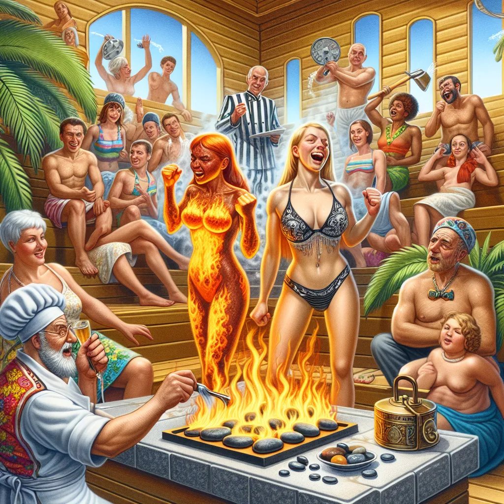 An image depicting Nami and Robin engaging in a sauna showdown, surrounded by the rest of the Straw Hat Pirates. The sauna is beautifully crafted with tropical motifs, and the crew watches with amusement and curiosity as Nami and Robin endure the intense heat. Nami's fiery determination is contrasted by Robin's calm composure. Sanji pours water over hot stones to intensify the steam, while Luffy eagerly cheers on the competition. Finally, Nami concedes the victory to Robin, and they exit the sau