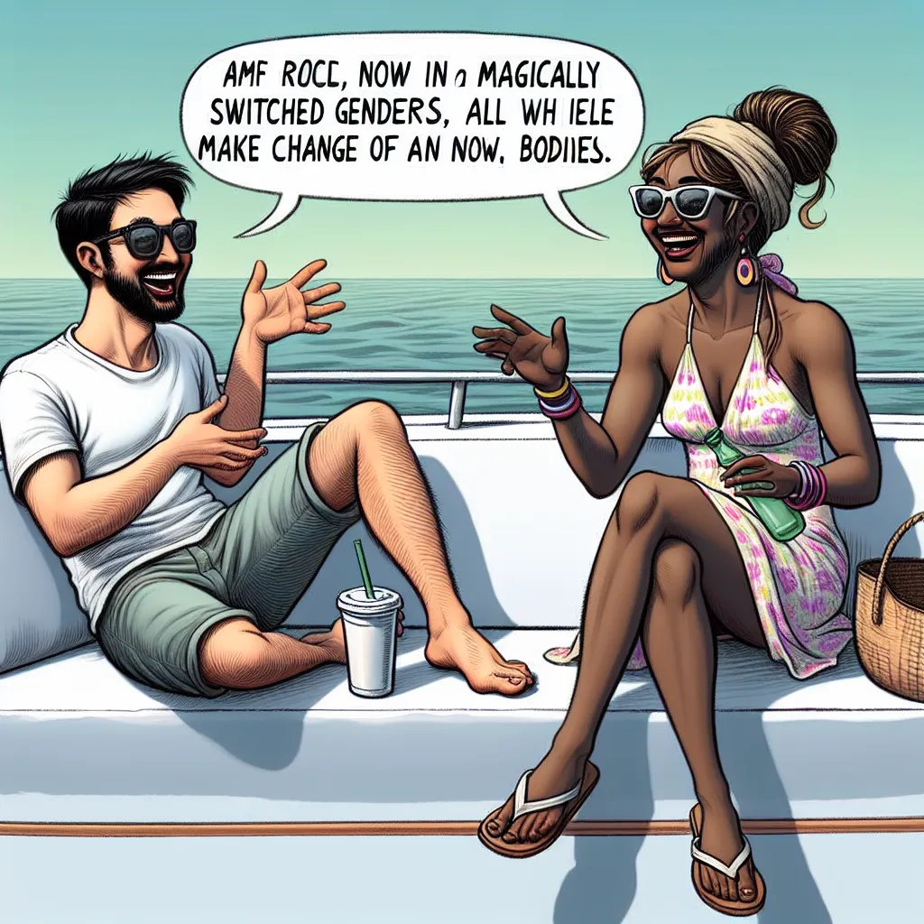 A humorous depiction of two friends on a boat, one of whom has had his body swapped with his ex-wife's. They playfully banter about their new appearances and recount memories, ultimately deciding to take turns experiencing each other's bodies using a spell. The image shows the protagonists, one in a woman's body wearing a one-piece swimsuit and oversized sunglasses, and the other in a man's body wearing casual attire, both laughing and enjoying the boat trip.