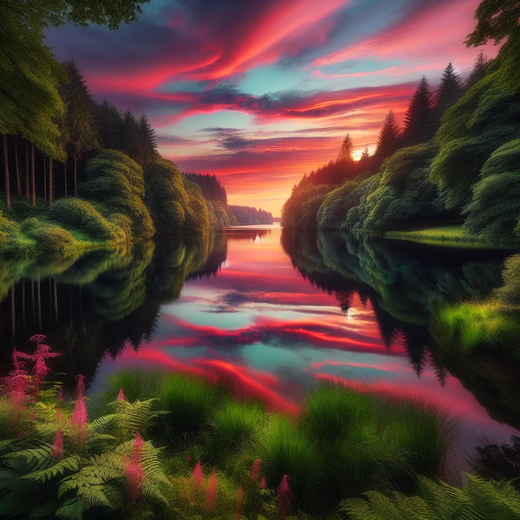 A beautiful sunset over a tranquil lake surrounded by lush green forests.