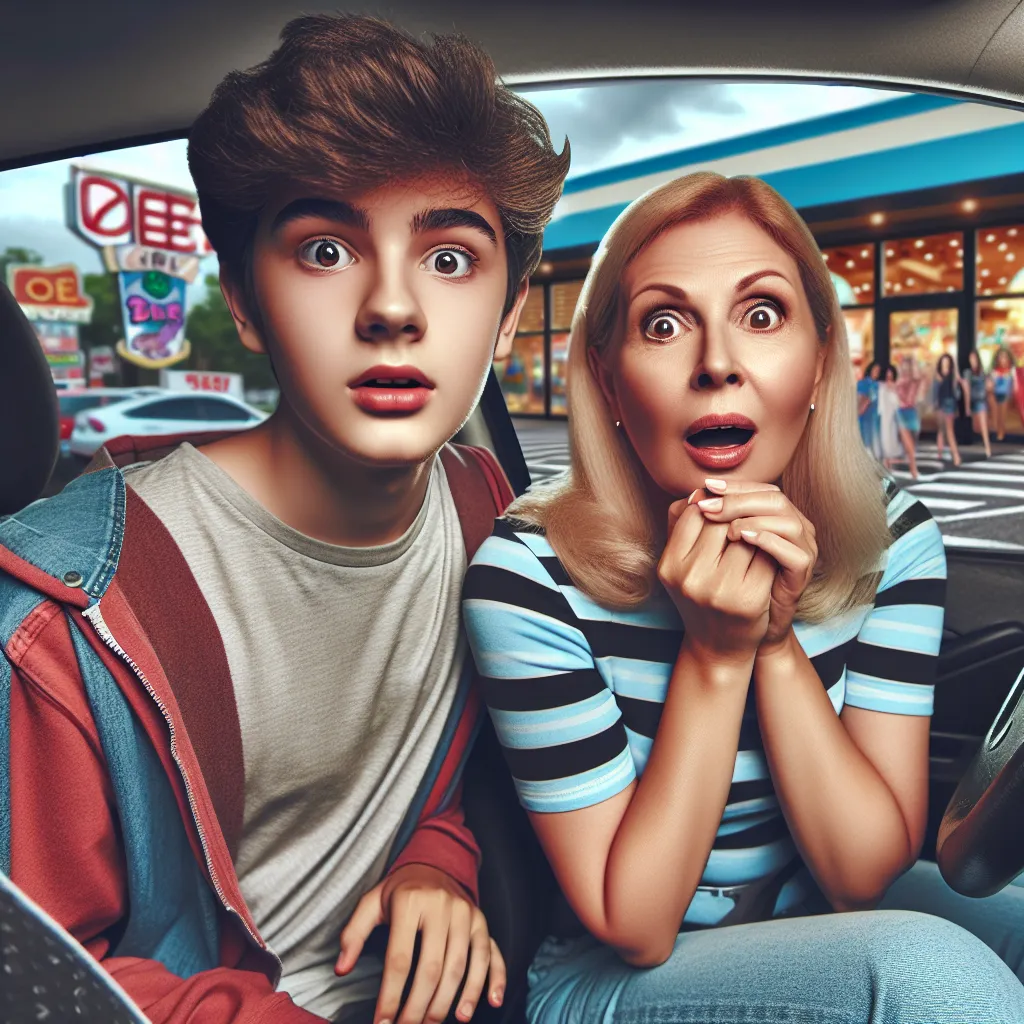 The image accompanying the story could depict two teenagers, one in a boy's body and the other in a middle-aged woman's body, sitting in a car with surprised expressions. The car could be parked in front of a meet-up spot, with a restaurant or arcade in the background.