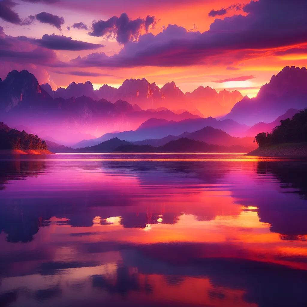 A serene sunset over a mountain range, with vibrant hues of orange and purple reflecting in a calm lake below.