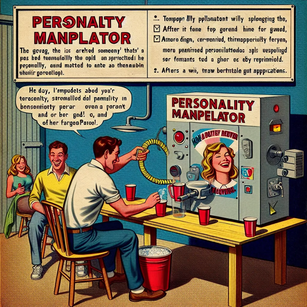 A man named Jacob invents a Personality Manipulator in his garage. He convinces his girlfriend, Emily, to try it. She transforms into a frat boy named Chad, and the two have a hilarious day of parties and beer pong. Eventually, Chad's personality wears off, and Emily returns to normal. They laugh about the experience and discuss the possibilities for future personality transformations.