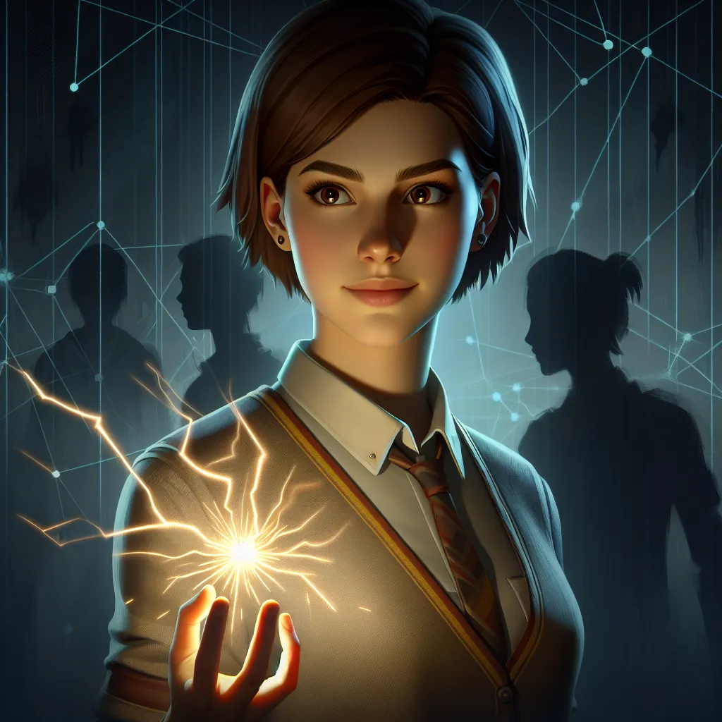 Portrait of Misaka Mikoto as a determined teenage girl with short brown hair and brown eyes, wearing her distinctive Tokiwadai Middle School uniform and a glowing electric spark in her hand. She stands poised with a confident expression, with a faint digital network pattern behind her symbolizing the “Misaka Network,” and subtly contrasting shadowy silhouettes representing her clones and the darker struggle over her identity. The atmosphere conveys both her strength as Academy City’s top Electro