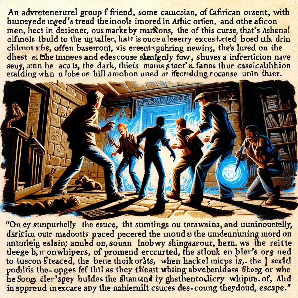 A group of friends explore an abandoned mansion rumored to be cursed. Inside, they discover a basement filled with ancient writings. The incantation is read aloud, triggering a malevolent force that envelops them in darkness and whispers of profanity. They flee, but the curse follows, leaving them forever marked by the echoes of damned secrets.