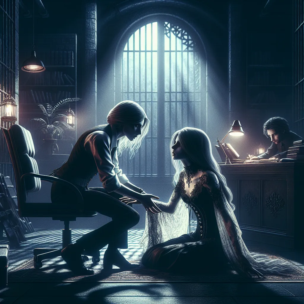 A mysterious scene unfolds at UnderLight Sanctuary, a club where Lila, the owner, encounters a fragile vampire named Sera seeking refuge from her past. Lila navigates a dangerous situation with grace, offering help and protection as shadows loom. The image captures the tension and secrecy of their meeting in a dimly lit office, hinting at the unfolding mystery and impending conflict.
