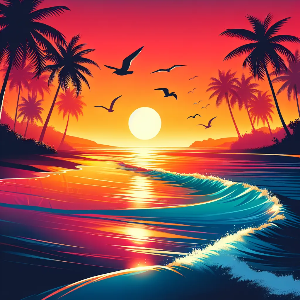 A vibrant sunset illuminates a tranquil beach scene, with gentle waves lapping against the shore. Silhouettes of palm trees sway in the light breeze as seagulls gracefully fly overhead.