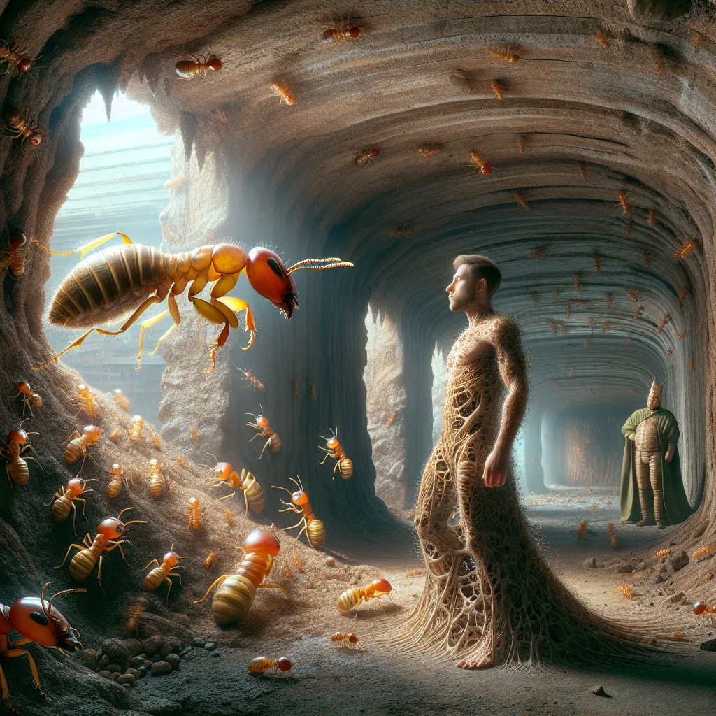 A man transformed into a termite queen within a dark, dank tunnel as the termite king watches on, surrounded by the buzzing energy of the colony.
