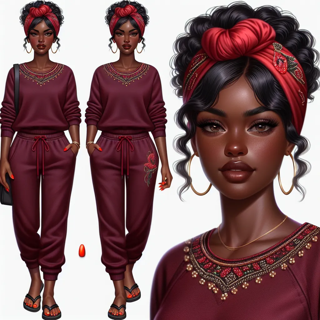 The generated image will depict a confident, assertive woman with dark skin and black hair styled in waves. She will be wearing a sweatshirt and sweatpants in a rich burgundy color, with intricate beadwork around the neckline and pockets. She will be wearing flip flops with a soft cushioned base and black straps. There will be a vibrant red headwrap tied in a neat knot at the back of her head. Her nails will be painted bright orange, adding a pop of color.