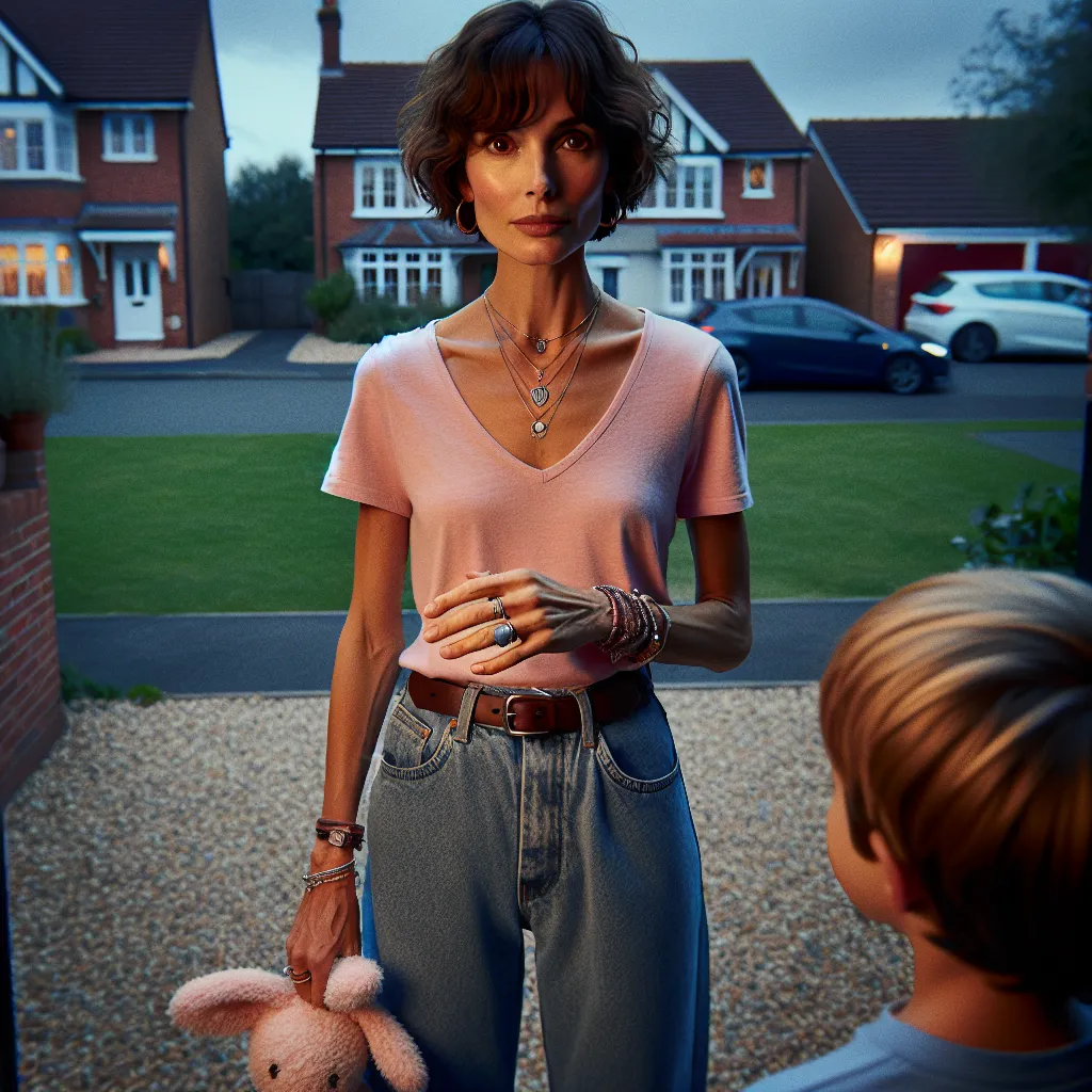 An image of a suburban house at dusk, with a woman standing in the doorway wearing a pink tank top, denim shorts, and light blue Crocs. She has short, curly brown hair and warm brown eyes. She is wearing several pieces of jewelry, including a wedding ring, bracelet, hoop earrings, pendant necklace, and anklet. The woman is looking out towards a 7-year-old boy walking towards her, who is clutching a stuffed rabbit.