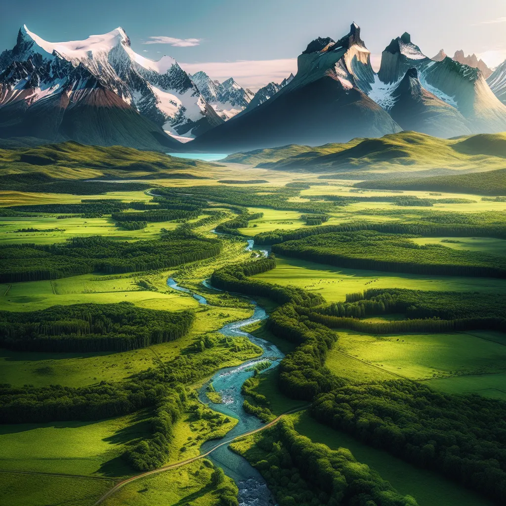 A scenic landscape with lush green fields, flowing rivers, and majestic snow-capped mountains standing tall in the distance.