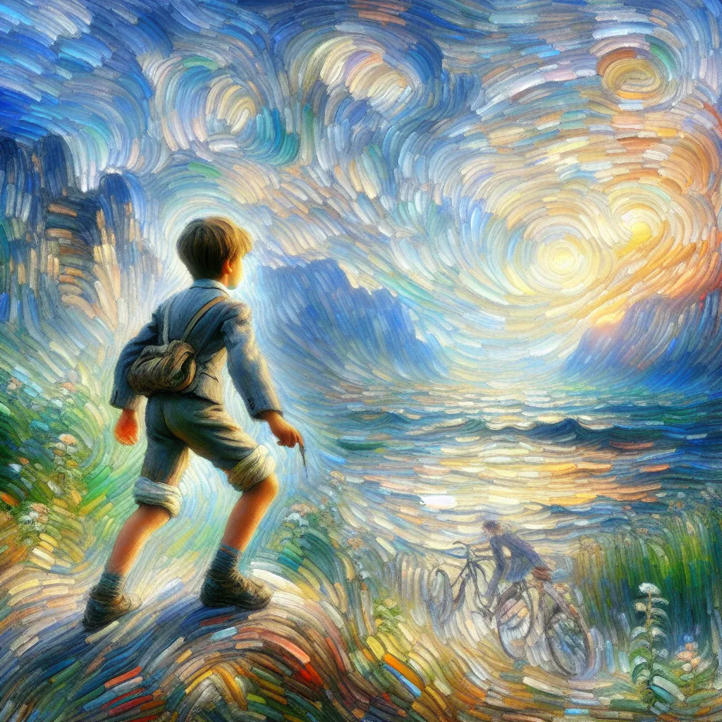 Boy, Adventure, Transformation, Identity, Memory in the style of Monet