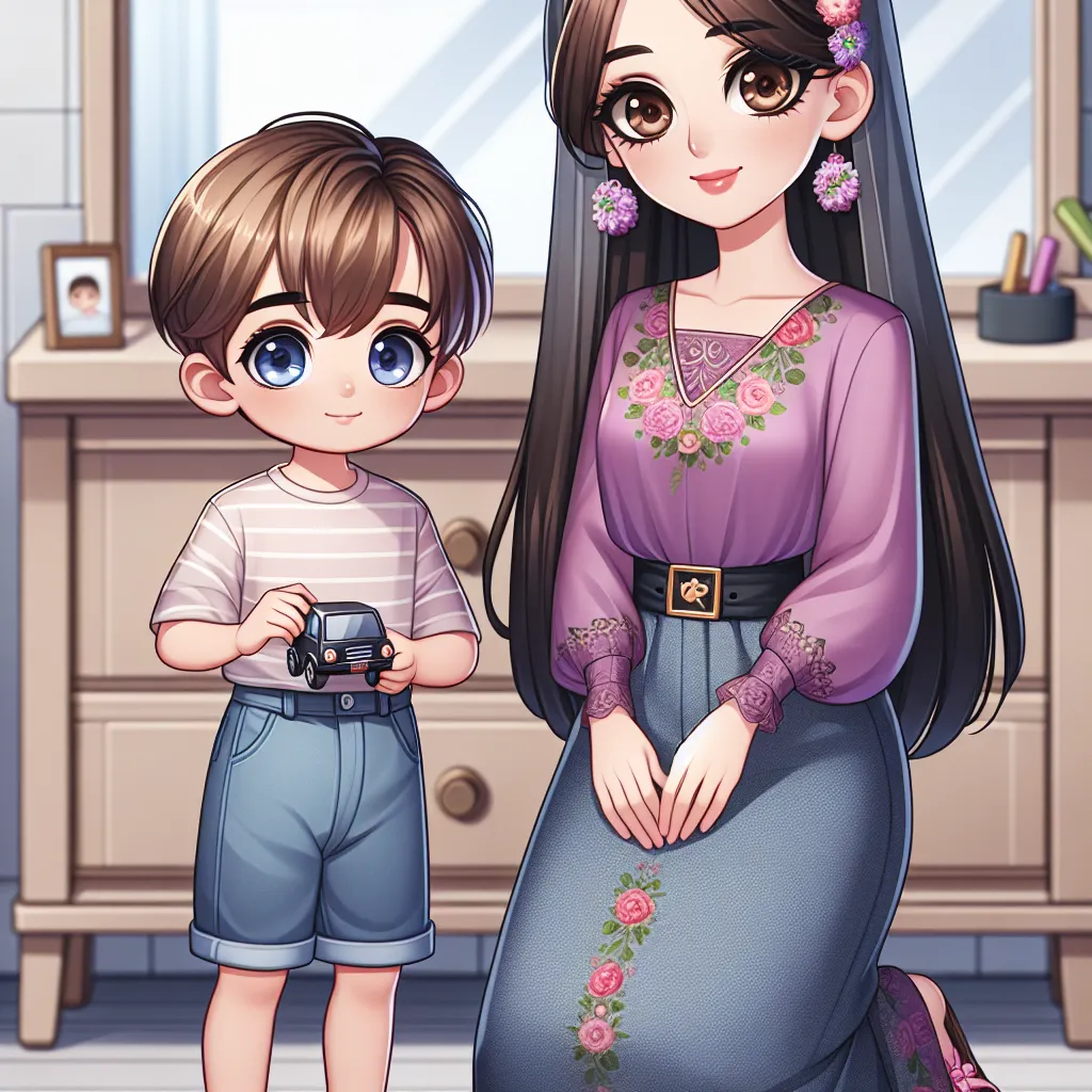 The image should portray a young boy, around 5 years old, standing beside a woman who appears to be in her late 50s. The boy should have light brown hair, blue eyes, and be clutching a small toy car in his hands. The woman should have black, long hair tied in a bun, brown eyes, and should be wearing a purple tank top with a floral design and lace trim, denim shorts with a high waist and frayed cuffs, and pink flip flops with embellished flowers. The background should show a house interior with a