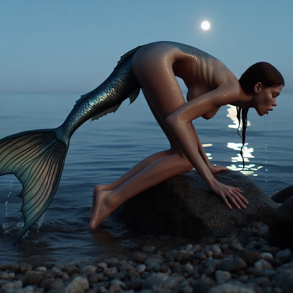 A woman, Mariella, stands on a rocky shoreline under the pale moonlight. She undergoes a painful transformation, with her legs fusing together and forming a scaly, iridescent tail. Gills emerge on her neck, causing her to gasp for breath. Despite the agony, she crawls towards the ocean, seeking relief. As the water envelops her, the pain subsides and she feels a sense of belonging. Tearfully bidding farewell to her humanity, she becomes one with the sea, swimming gracefully with her newly formed