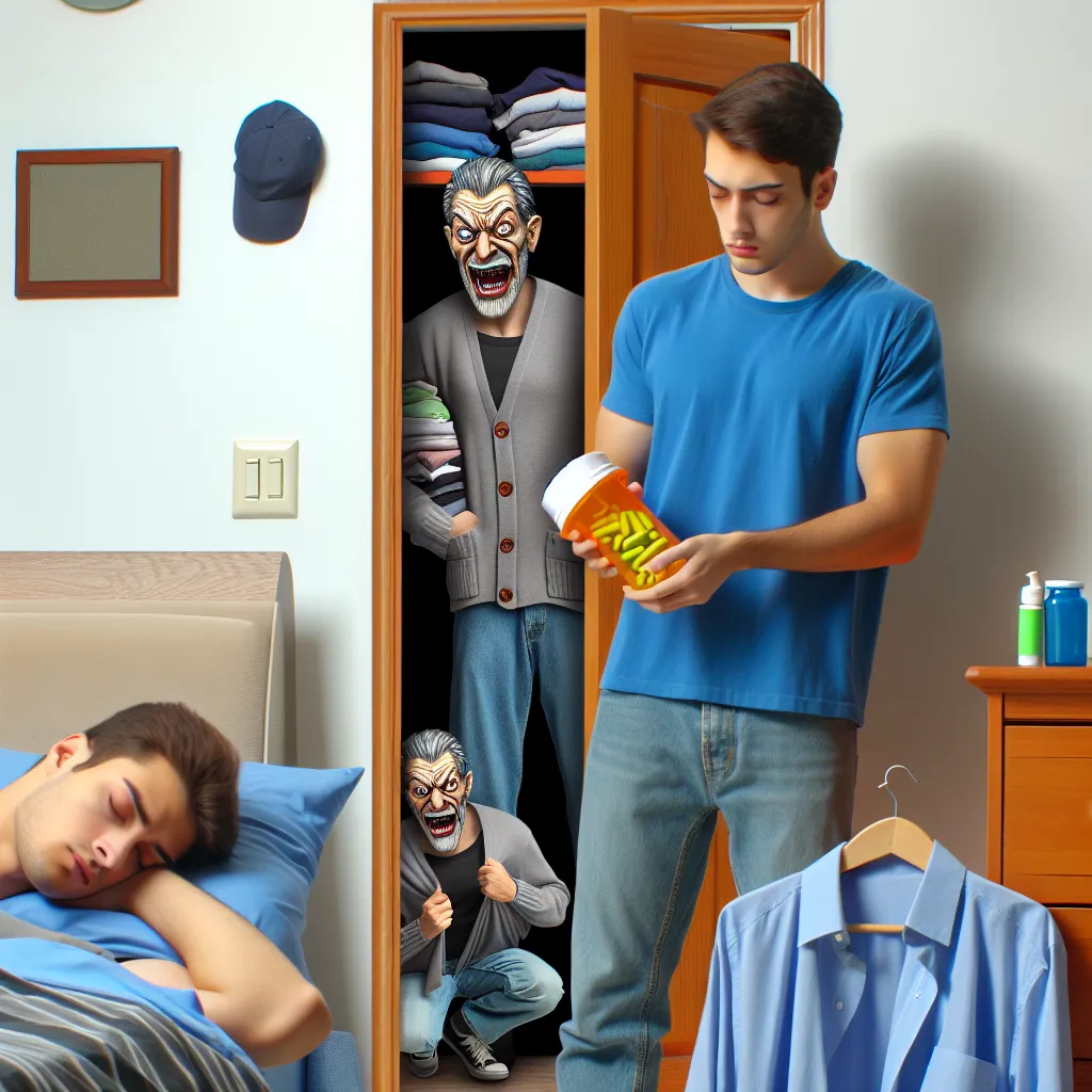 An image of a young man standing at the doorway of his father's bedroom, holding an unfamiliar prescription bottle, while his father's head remains soundly asleep on the nightstand and his father's animated body tries on shirts in the corner of the room.