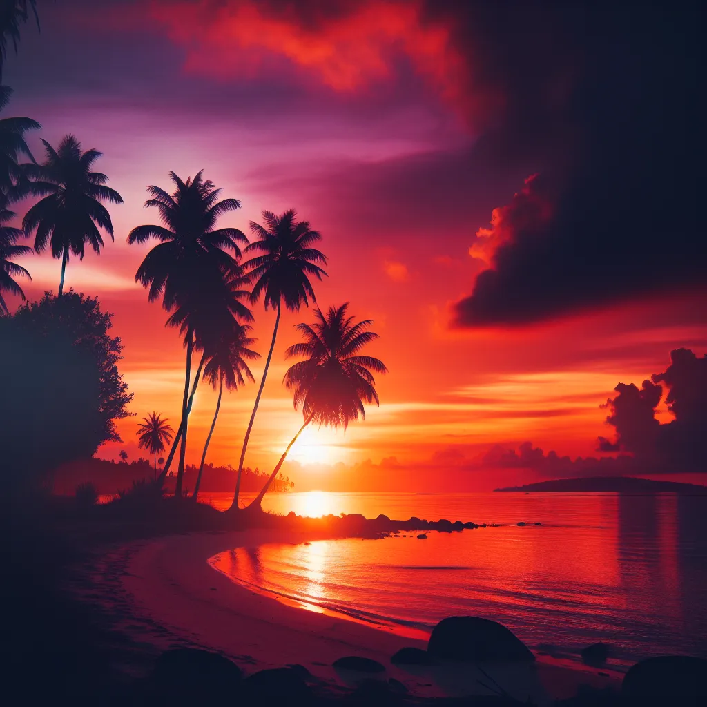 Description: A beautiful sunset over a serene beach with palm trees swaying gently in the foreground.