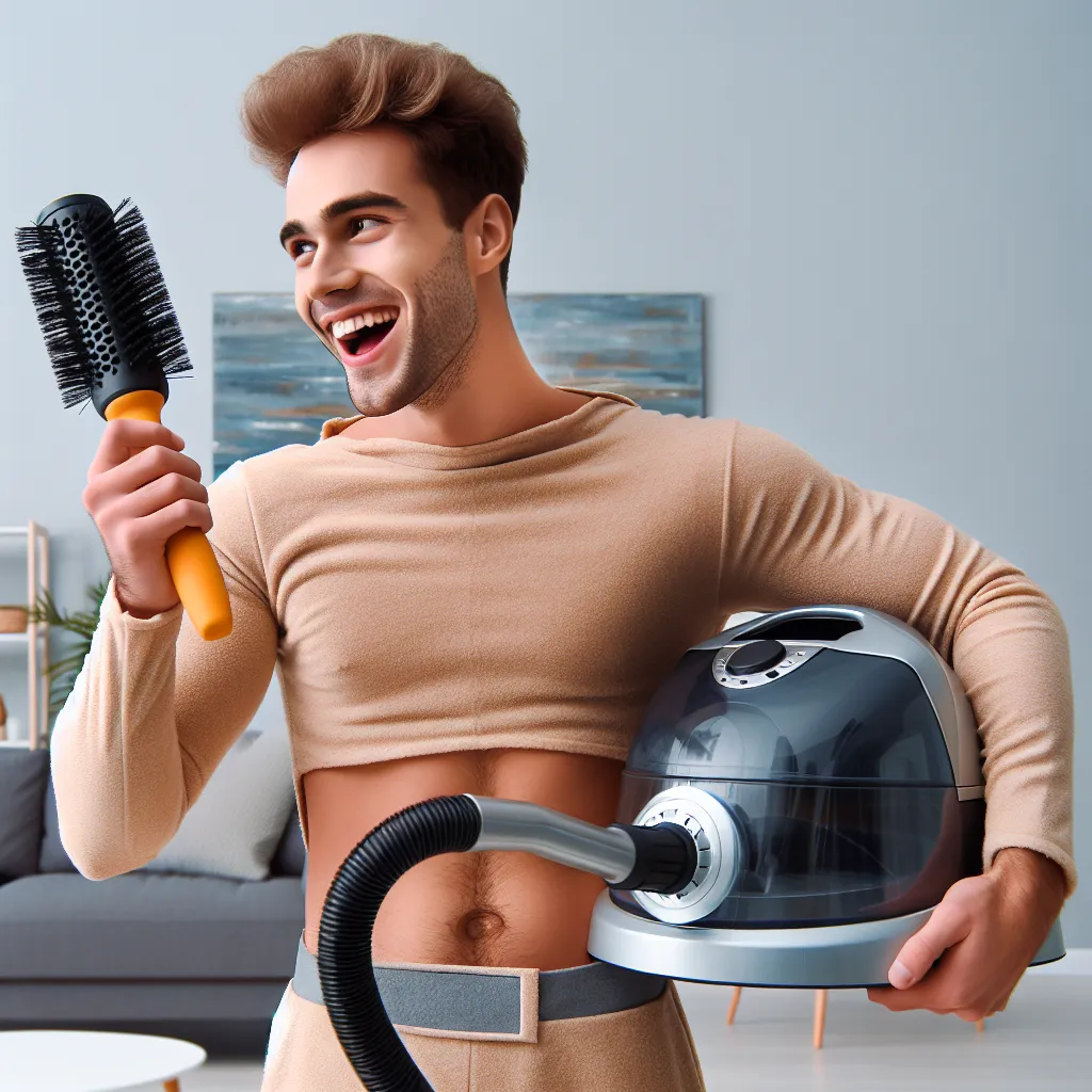 An image of a young adult, standing in a living room, holding a vacuum cleaner and singing into a hairbrush while wearing the body of their best friend's mom. The person is smiling with amusement and there is a sense of lightheartedness and mischief in the air.