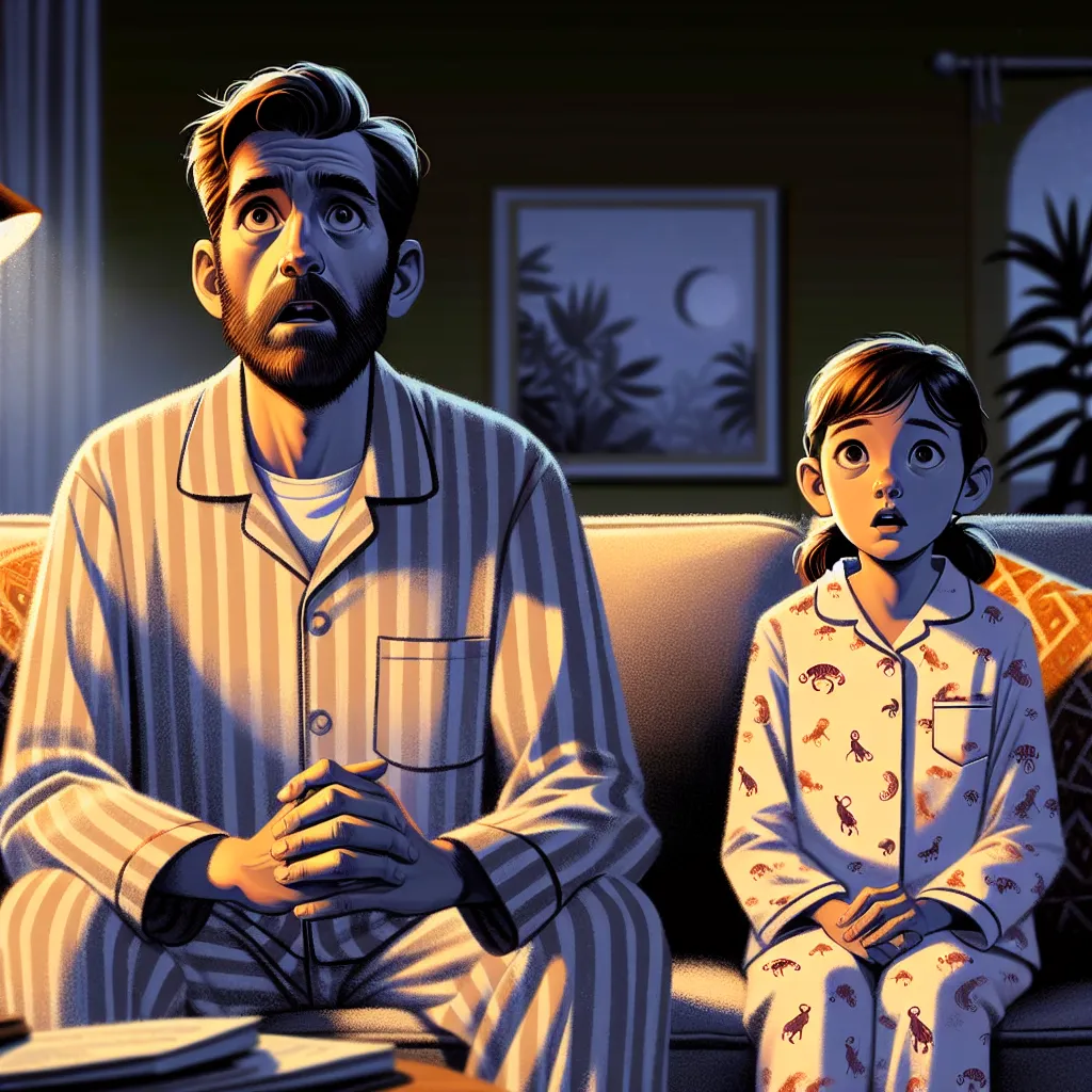 A young boy named Aidan suddenly wakes up in an adult man's body during a sleepover at his cousin Emma's house. He navigates this strange situation with Emma's help, hoping to return to his own self. The image could depict Aidan, now in an adult body, looking bewildered while Emma, a young girl, watches him with concern in a cozy living room at night, capturing the magical and mysterious essence of their unexpected adventure.