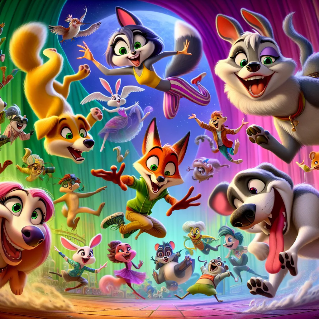 An animated scene from "Littlest Pet Shop: A World of Our Own" featuring the pets after a hypnosis prank gone wrong: Jade as a dog excitedly chasing a ball, Roxie frozen mid-motion, Bev and Edie swapped bodies struggling with their new forms, and Quincy embracing his newfound bravery with daring stunts. Trip, the prankster hamster, reveals the truth and apologizes as the pets return to their normal selves, ending with a group hug and laughter.