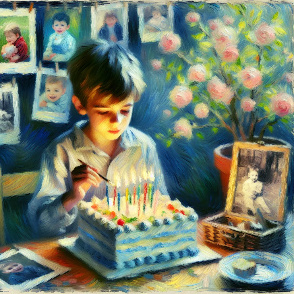 Boy, Birthday, Memories, Transformation, Identity in the style of Monet