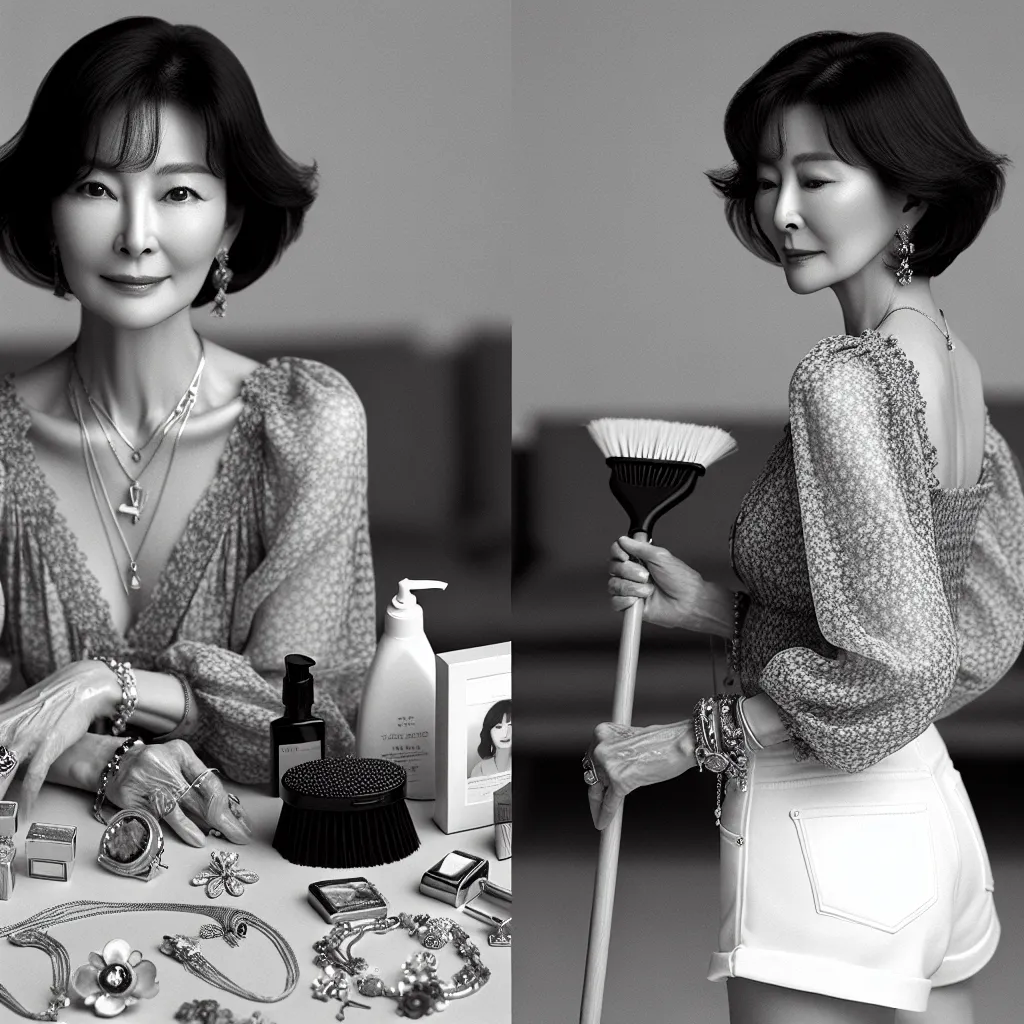 A black and white image of a elderly Korean woman, Mrs. Kim, standing in a hair salon. She is wearing a floral blouse and white shorts, and is surrounded by various pieces of jewelry. Her hair is styled in a chic bob, and she is holding a broom and dustpan. The image captures a sense of peace and contentment in Mrs. Kim's serene and fulfilling life.