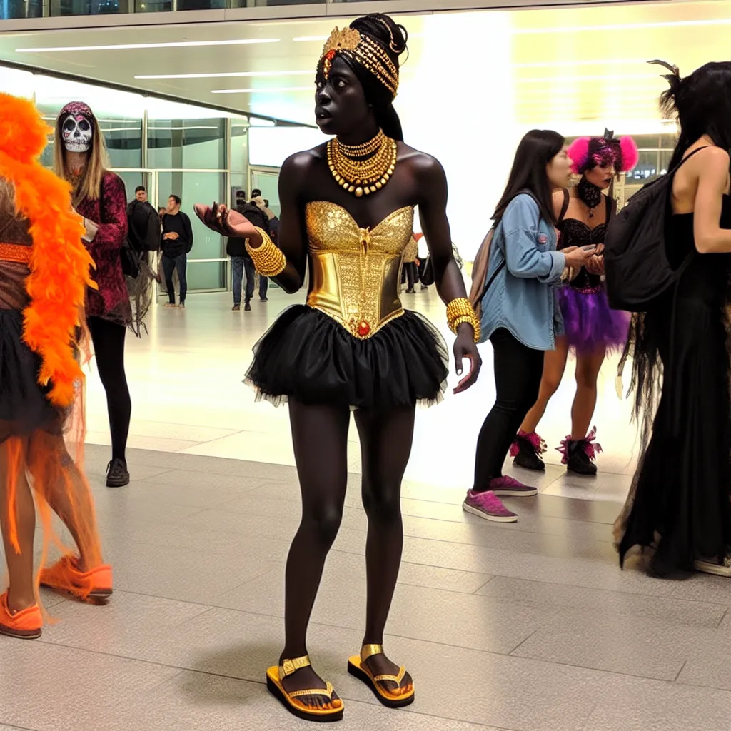 A black woman named Yolanda, wearing golden sandals and a skimpy Halloween costume, finds herself lost and disoriented in an unfamiliar location.