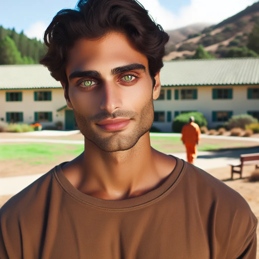 An image of a young man with striking green eyes and earthy brown skin, standing confidently with a backdrop of a serene mental health rehabilitation center in the countryside. The image captures the sense of hope and resilience as he begins to reclaim his identity and take charge of his own story.