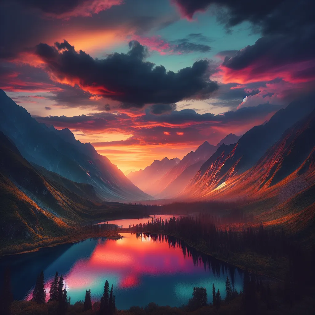 A serene, mountainous landscape at sunset with colorful hues illuminating the sky and reflecting on a calm lake below.