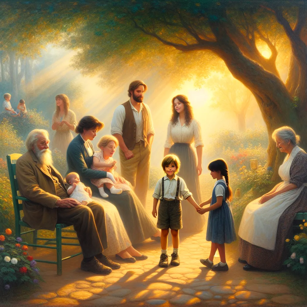 Boy, Family, Memories, Transformation, Reflection in the style of Monet