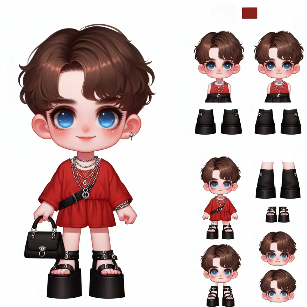 An image of a young boy named Tommy with short, brown hair and bright blue eyes. He stands at 4 feet tall and weighs 55 pounds. He is wearing a red dress, platform sandals, and eight pieces of jewelry, while holding a black leather designer purse.