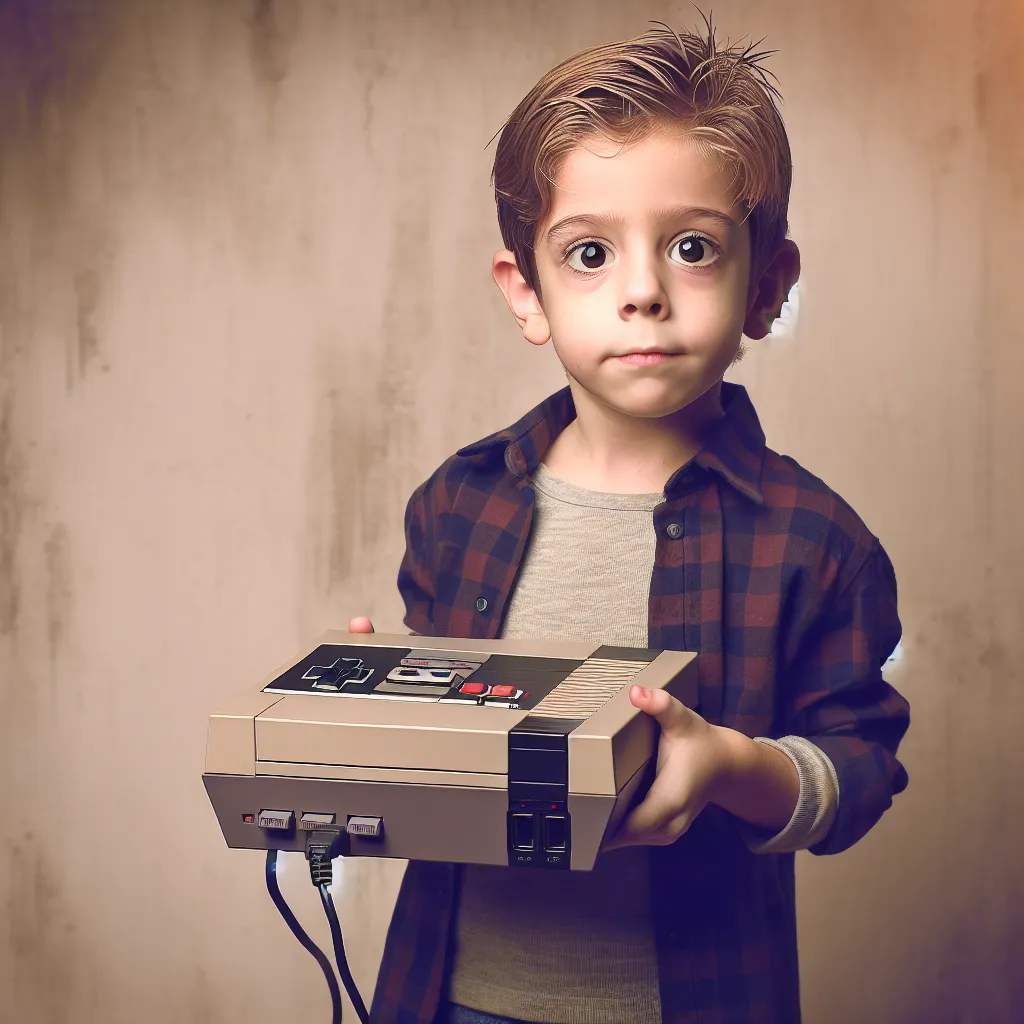 An image of a young boy, Johnny Harper, holding an old video game console with a curious expression on his face.