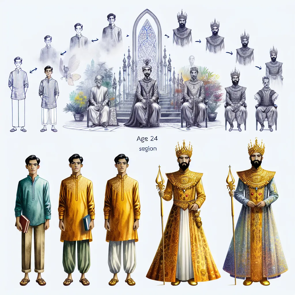 A boy named Oliver takes a quiz and undergoes a mysterious transformation, illustrated in detailed stages from his feet elongating to becoming Queen Penelope, aged 24, complete with regal attire and a new persona.