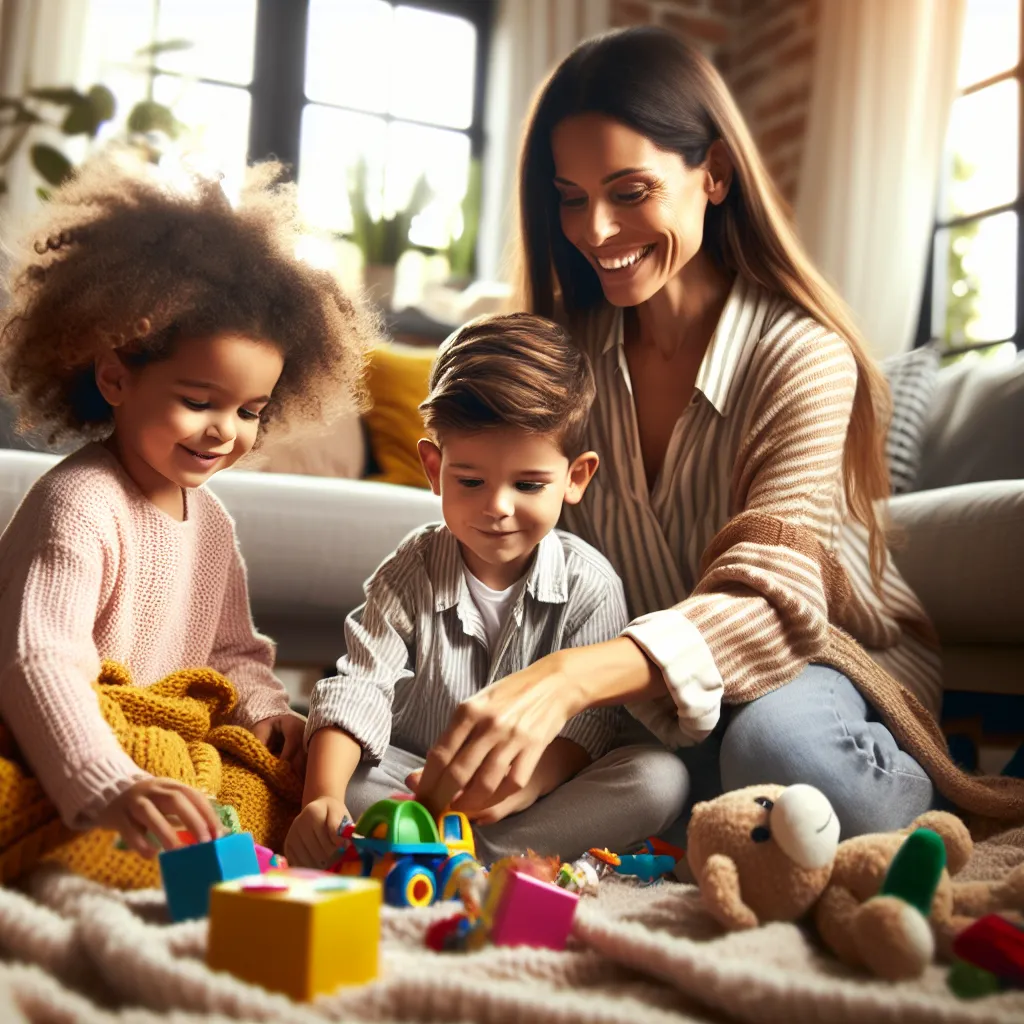 The image description for this story could be: "A young boy and girl play together in a cozy living room, surrounded by toys and blankets. They are joined by the boy's mother, a confident and stylish woman. The room is filled with warmth and laughter as they enjoy their playtime and build a strong bond."