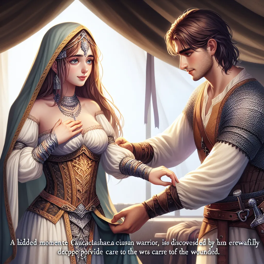 A young warrior named Alm embraces his true self as a delicate and beautiful girl dressed in priestess garments. In a hidden moment, Alm is discovered by Conrad, who claims Alm as his own and takes command. Alm willingly submits, excited to fulfill his new role as Conrad's girl and tend to the wounded. The image shows Alm in the tent, transformed into a stunning priestess, standing beside Conrad, who exudes dominance and desire.