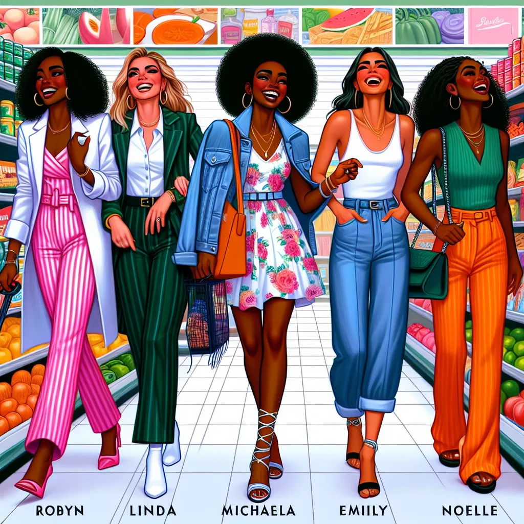 The image will feature the Anderson family, now transformed into the Anderson sisters, happily shopping together in their new feminine forms. Robyn, Linda, Michaela, Emily, and Noelle browse the grocery store aisles, each exuding confidence and joy in their stylish outfits. The scene captures their seamless unity as sisters, filled with laughter and camaraderie amidst colorful displays of fresh produce and shelves stocked with favorite snacks and drinks.
