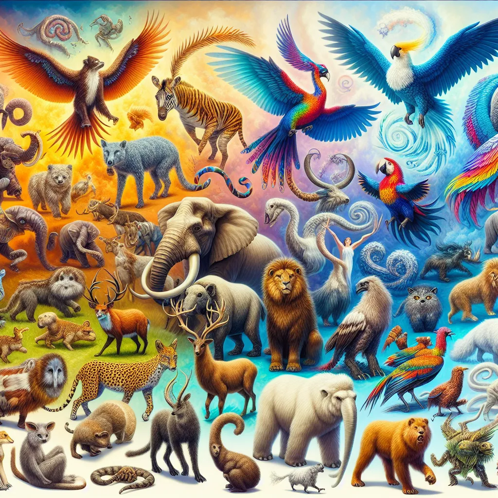 A colorful image captures the imagination with a lineup of animals from a possible Zoo Tycoon 3 game. The image features various animals, including living species like the quokka and snow leopard, extinct creatures like the woolly mammoth and dodo, and mythical beings such as the firebird and chimera. The combination of reality and fantasy promises an engaging and educational gameplay experience.