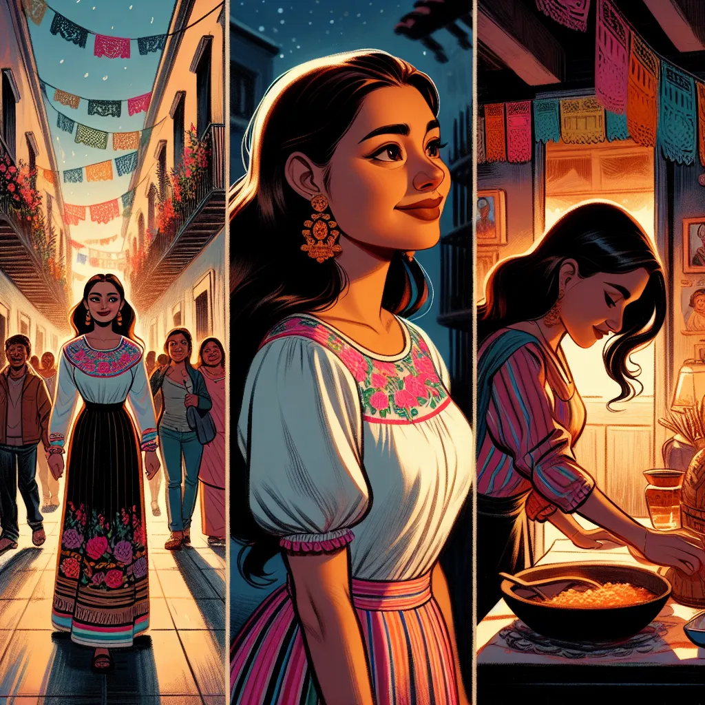 A woman, now fully transformed, embraces her new identity as a confident Mexican woman. She walks down the street with pride, eager to reunite with her daughter. Together, they celebrate their heritage by cooking traditional Mexican food. The evening becomes a joyful gathering, symbolizing the acceptance of their true selves and the importance of family. The woman reflects on the profound transformation and embraces her new reality with gratitude and contentment. She sleeps peacefully, dreaming 