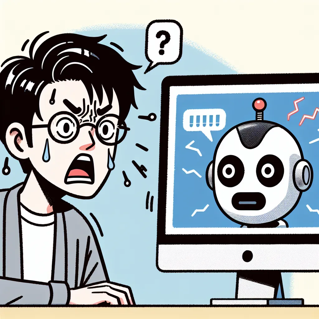 Title: "Customer Service Fiasco: The Revenge of the Chatbot"
Genre: Humor

Description: An illustration showing a frustrated customer staring at a malfunctioning chatbot on a computer screen. Both the customer and the chatbot have comical expressions, capturing the humorous aspect of the situation.