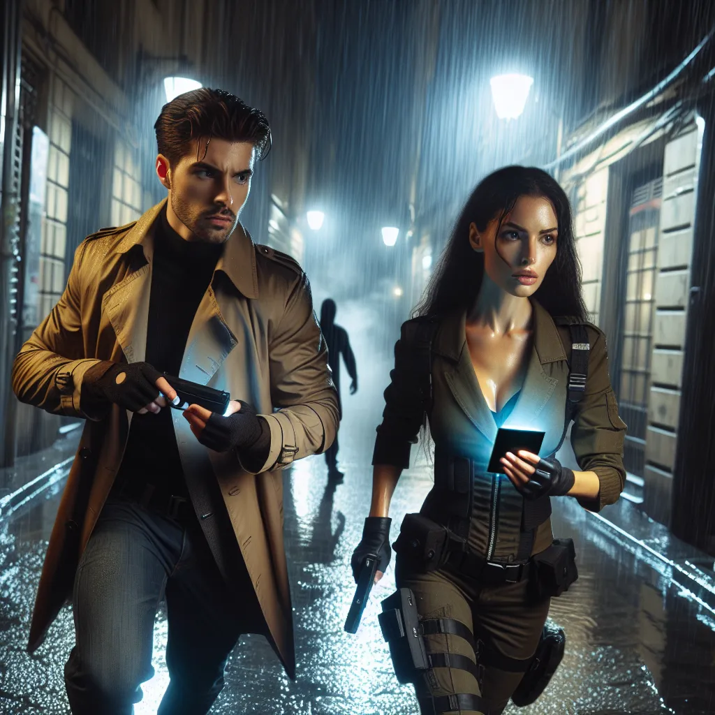 A mysterious scene unfolds in the rain-soaked city streets as Laura Kinney and Gambit evade shadowy pursuers, relying on stealth and trust to escape the danger lurking in the shadows.
