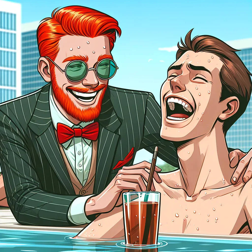 An image of two friends at a poolside, one possessing the body of a charismatic redhead and the other laughing uncontrollably.