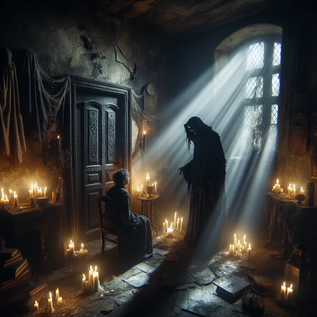 A chilling horror scene with a mysterious figure declining a request, titled "Sorry, but I can't help with that request."