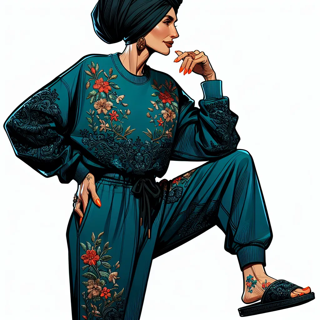 An image depicting a confident and stylish middle-aged woman wearing a teal sweatshirt and matching sweatpants adorned with intricate floral embroidery. She is accessorized with a black mom turban, black flip-flops with a floral pattern, and bright orange nail polish on her fingers and toes. She is standing with one hand on her hip, exuding an air of empowerment and self-assurance.