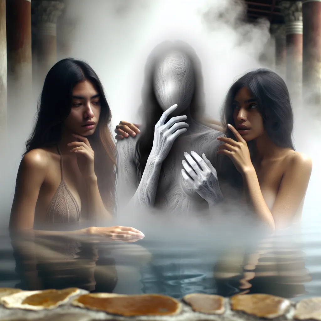 A surreal and unsettling image set in a hot spring, depicting Naruto's transformation into a female form amidst the steam, with his friends Sakura and Ino appearing oblivious to the malevolence engulfing him.