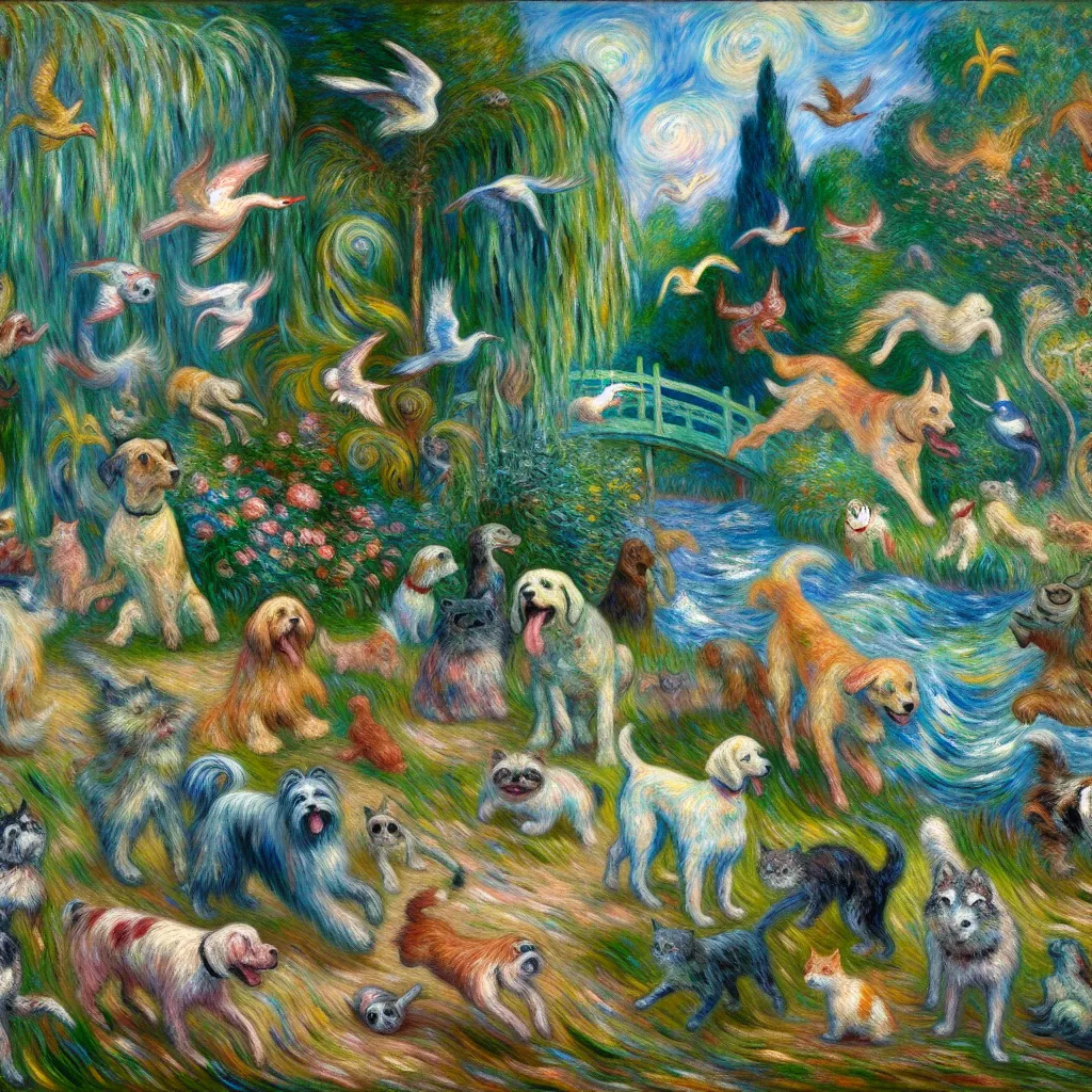 Prank, Hypnosis, Pets, Chaos, Adventure in the style of Monet